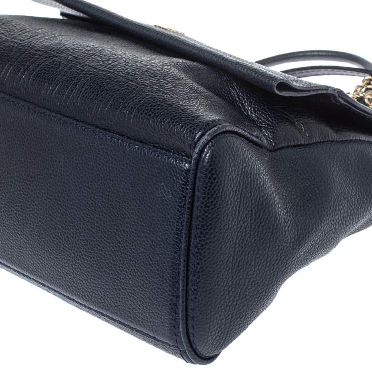 Pre Owned Carolina Herrera Navy Blue  Monogram Embossed Leather Minuetto Flap Top Handle Bag