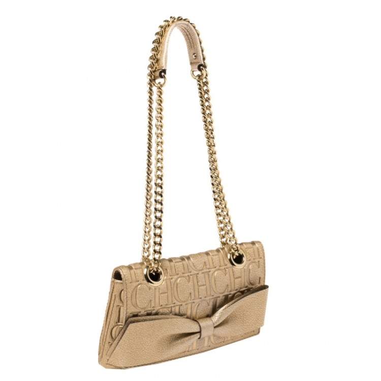 Pre Owned Carolina Herrera Gold Monogram Leather Audrey Shoulder bag