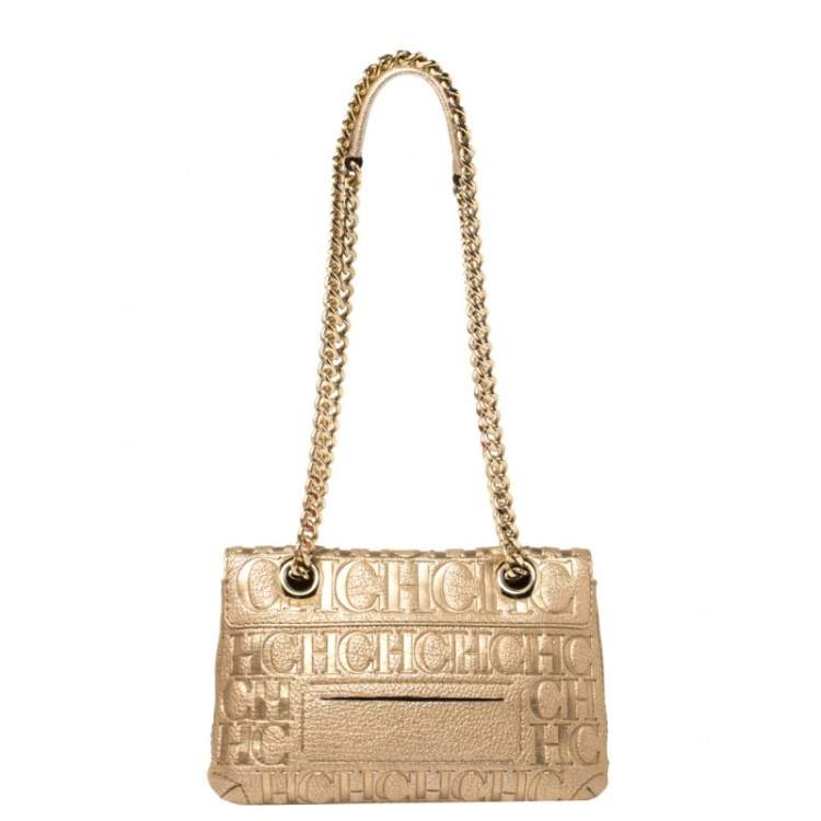 Pre Owned Carolina Herrera Gold Monogram Leather Audrey Shoulder bag