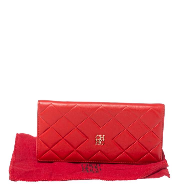 Pre Owned Carolina Herrera Preppy Red Quilted Leather Flap Wallet