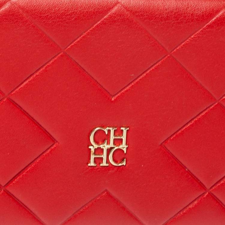 Pre Owned Carolina Herrera Preppy Red Quilted Leather Flap Wallet
