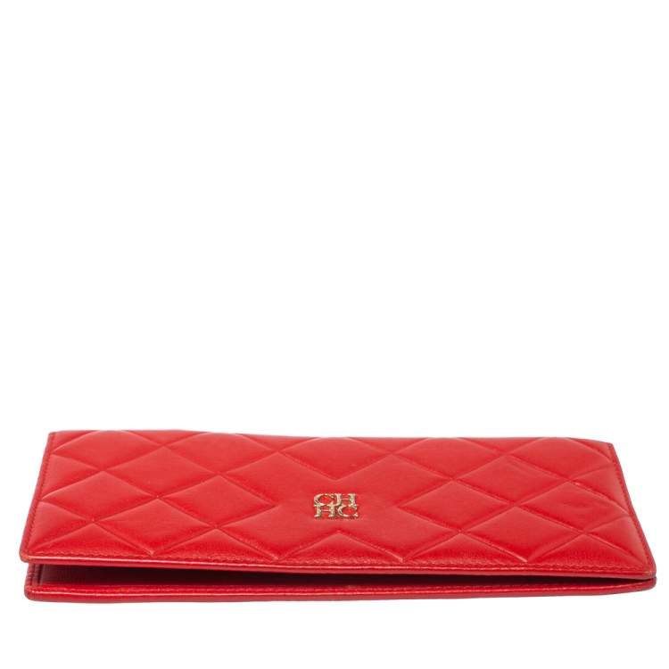 Pre Owned Carolina Herrera Preppy Red Quilted Leather Flap Wallet