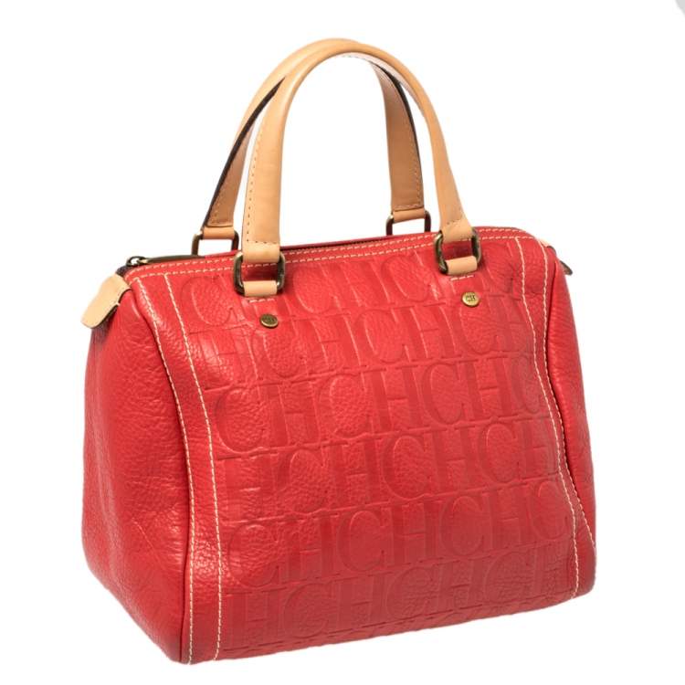 Pre Owned Carolina Herrera Red Monogram Leather Andy Boston Bag           