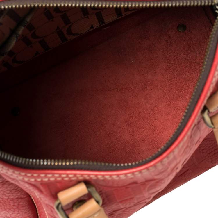 Pre Owned Carolina Herrera Red Monogram Leather Andy Boston Bag           