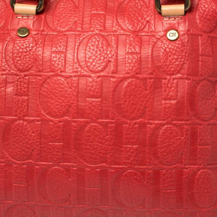 Pre Owned Carolina Herrera Red Monogram Leather Andy Boston Bag           