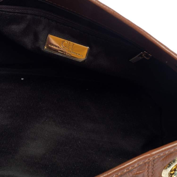 Pre Owned Carolina Herrera Brown Monogram Leather Poppy Hobo