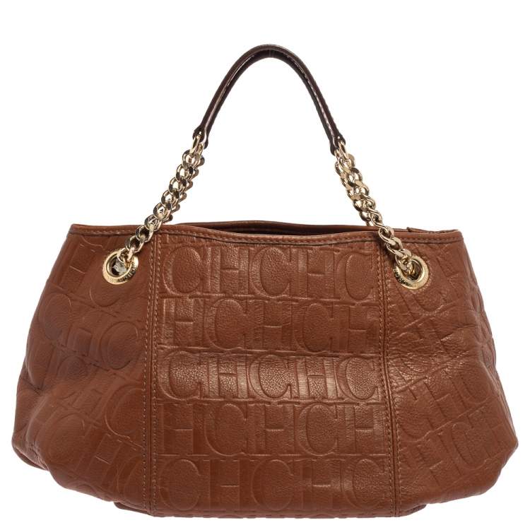 Pre Owned Carolina Herrera Brown Monogram Leather Poppy Hobo