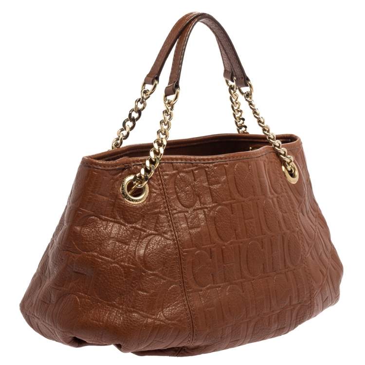 Pre Owned Carolina Herrera Brown Monogram Leather Poppy Hobo