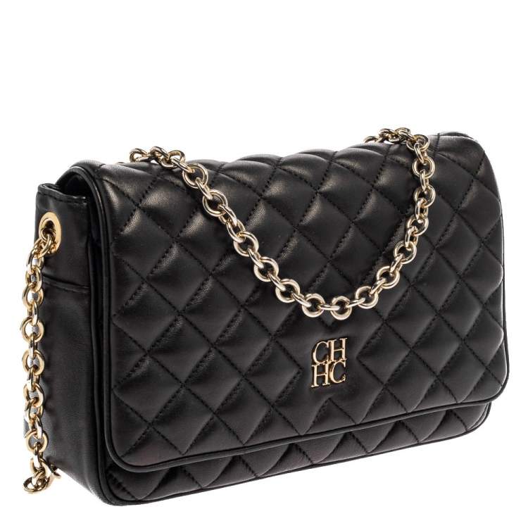 Pre Owned Carolina Herrera Black Quilted Leather Flap Chain Shoulder Bag