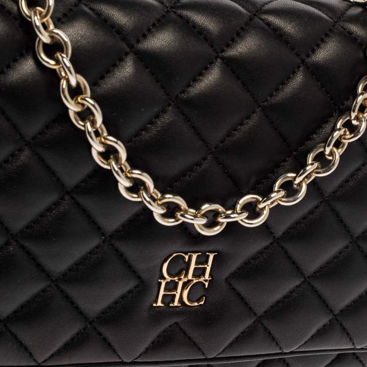 Pre Owned Carolina Herrera Black Quilted Leather Flap Chain Shoulder Bag