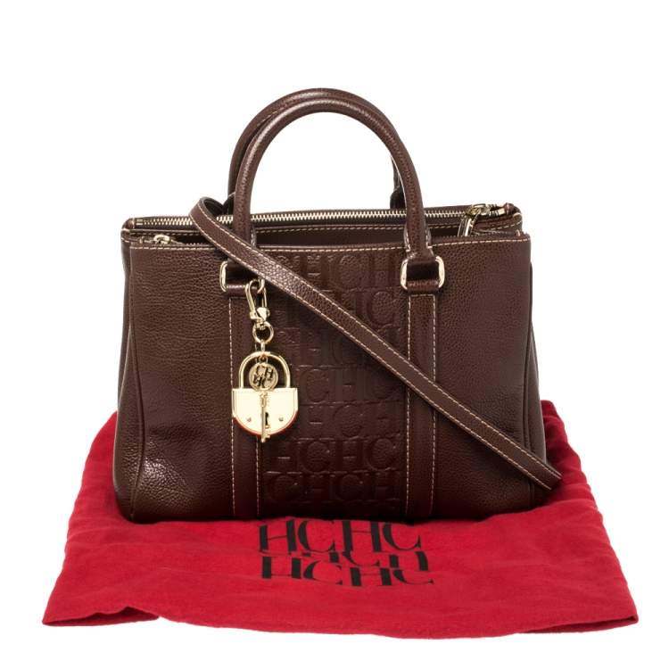Pre Owned Carolina Herrera Dark Brown Embossed Leather Matteo Tote