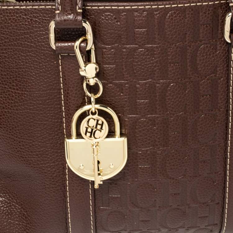 Pre Owned Carolina Herrera Dark Brown Embossed Leather Matteo Tote