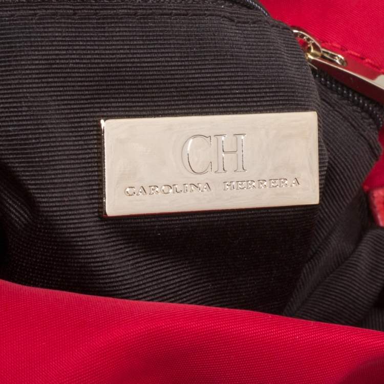 Pre Owned Carolina Herrera Red Nylon and Leather Bow Drawstring Hobo