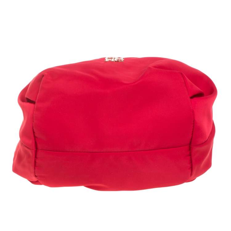 Pre Owned Carolina Herrera Red Nylon and Leather Bow Drawstring Hobo