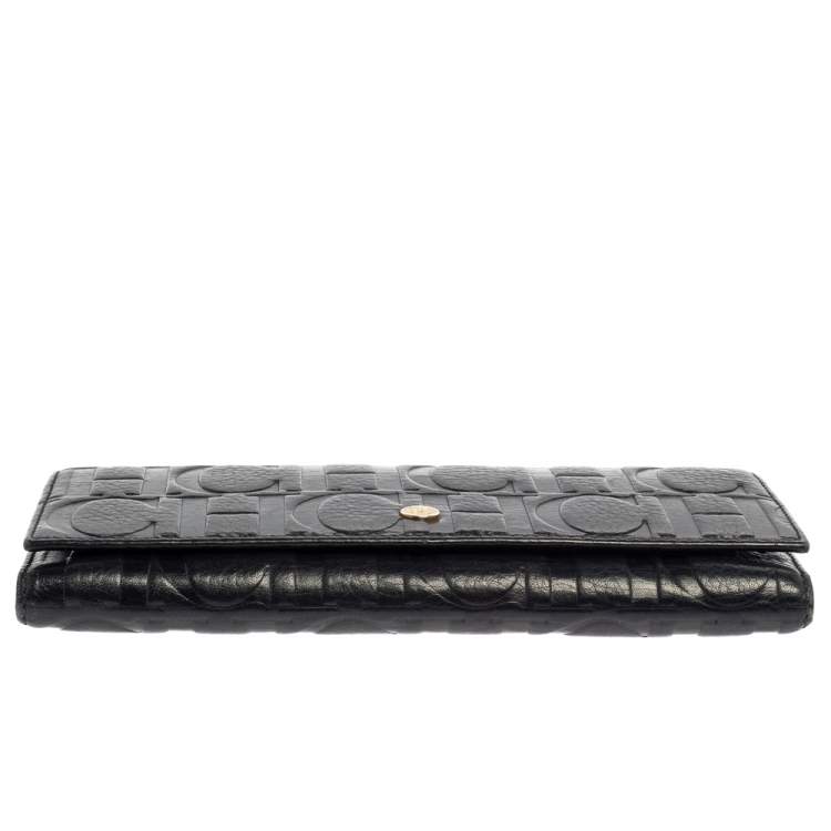 Pre Owned Carolina Herrera Navy Blue Monogram Leather Continental Wallet