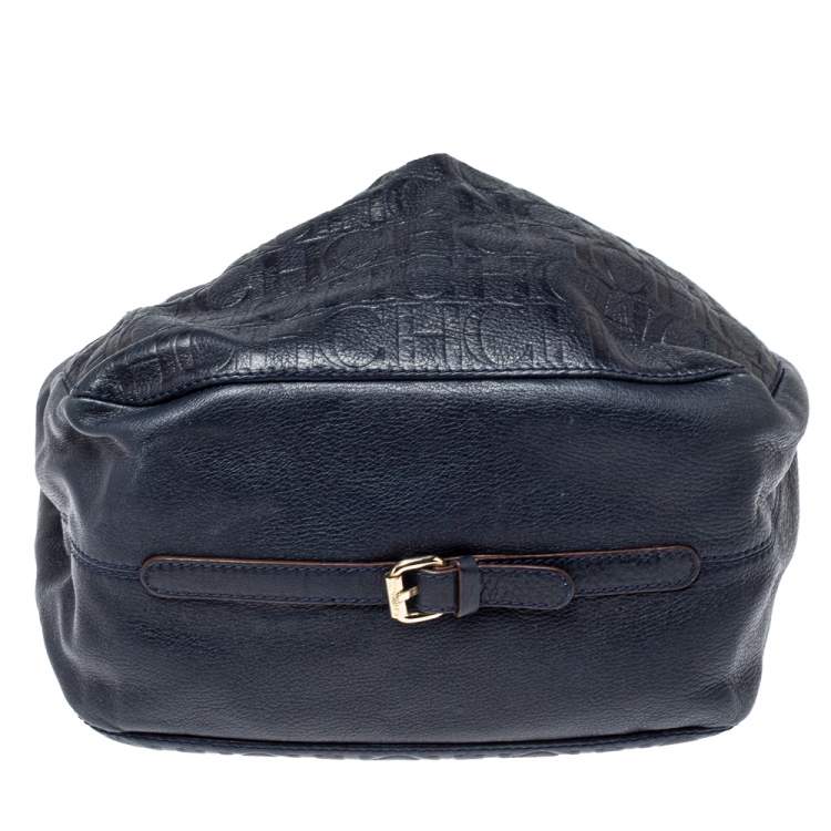 Pre Owned Carolina Herrera Navy Blue Embossed Monogram Leather Buckle Tote