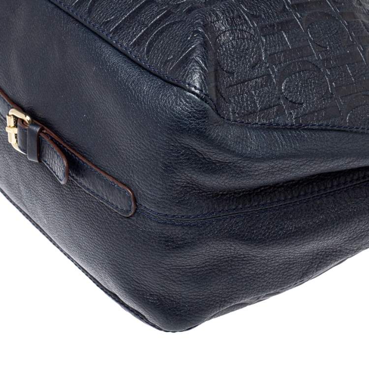 Pre Owned Carolina Herrera Navy Blue Embossed Monogram Leather Buckle Tote