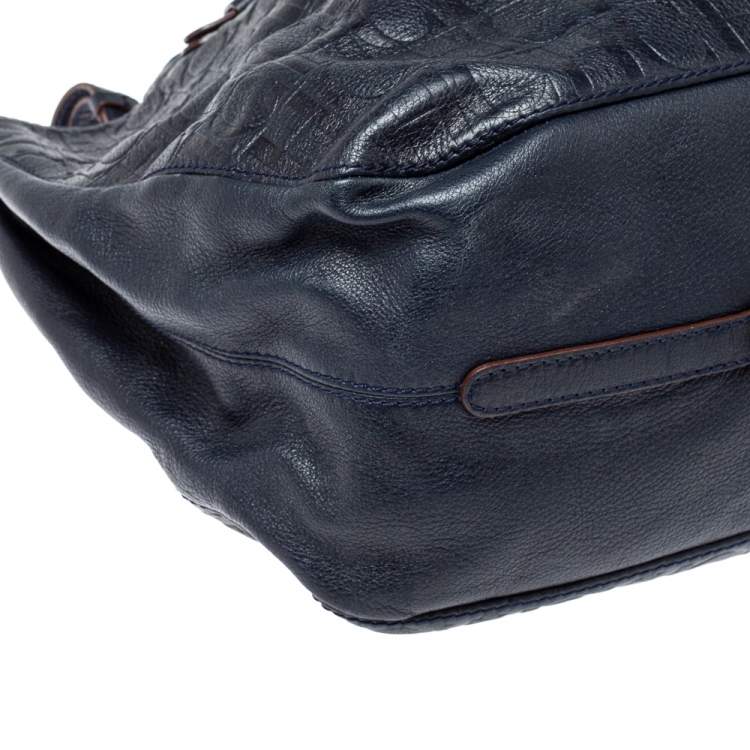 Pre Owned Carolina Herrera Navy Blue Embossed Monogram Leather Buckle Tote