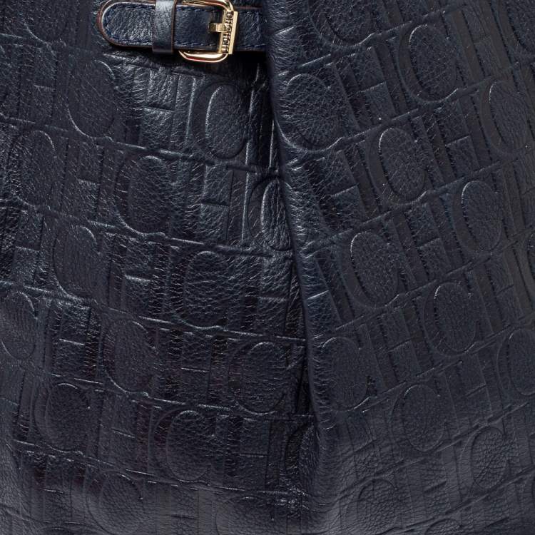 Pre Owned Carolina Herrera Navy Blue Embossed Monogram Leather Buckle Tote