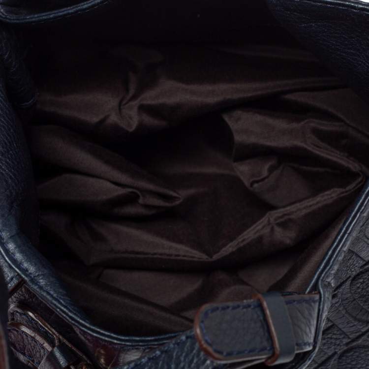 Pre Owned Carolina Herrera Navy Blue Embossed Monogram Leather Buckle Tote