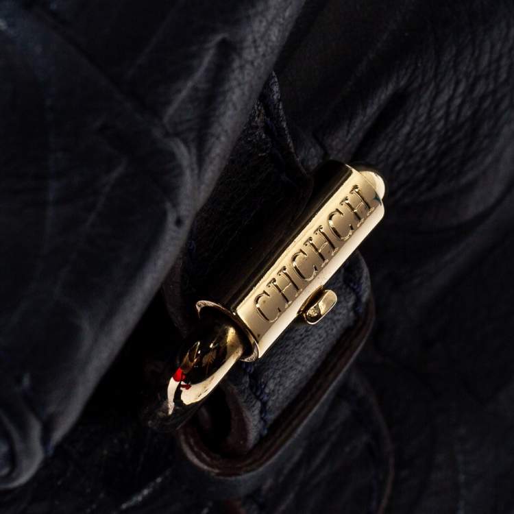 Pre Owned Carolina Herrera Navy Blue Embossed Monogram Leather Buckle Tote