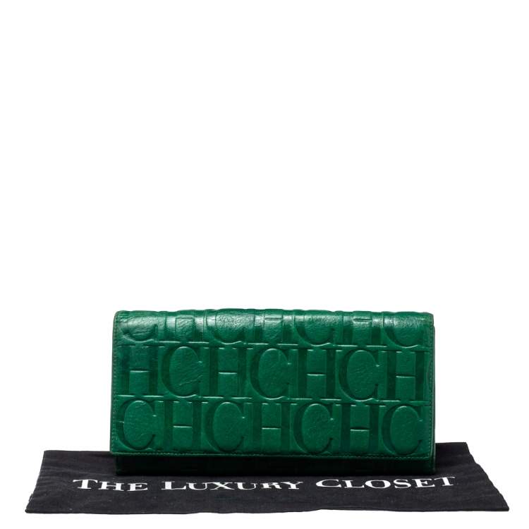 Pre Owned Carolina Herrera Green Monogram Leather Oversize Continental Wallet