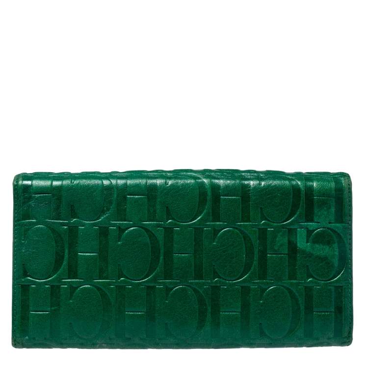 Pre Owned Carolina Herrera Green Monogram Leather Oversize Continental Wallet