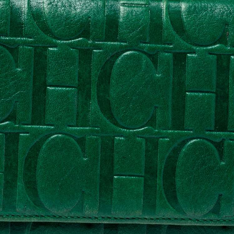 Pre Owned Carolina Herrera Green Monogram Leather Oversize Continental Wallet