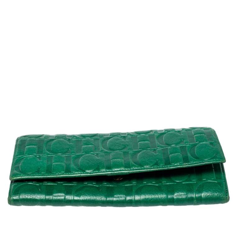 Pre Owned Carolina Herrera Green Monogram Leather Oversize Continental Wallet