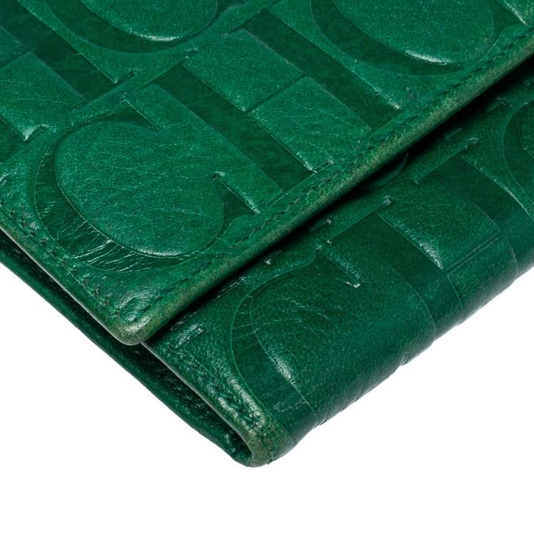 Pre Owned Carolina Herrera Green Monogram Leather Oversize Continental Wallet