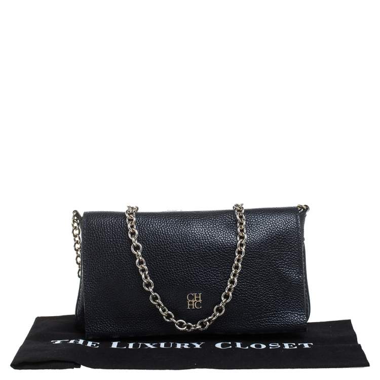 Pre Owned Carolina Herrera Navy Blue Leather Flap Crossbody Bag