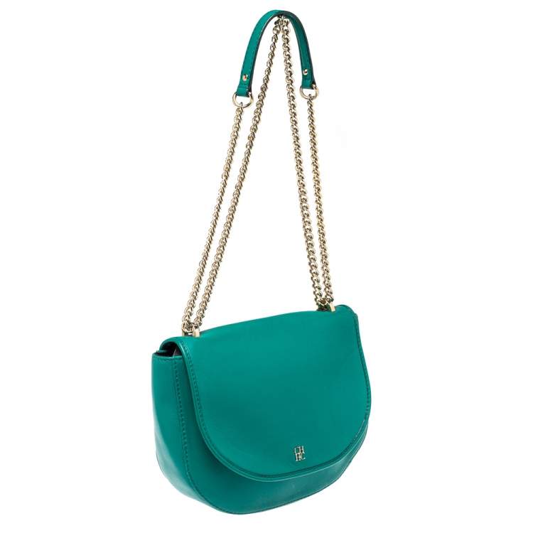 Pre Owned Carolina Herrera Green Leather Saddle Crossbody Bag