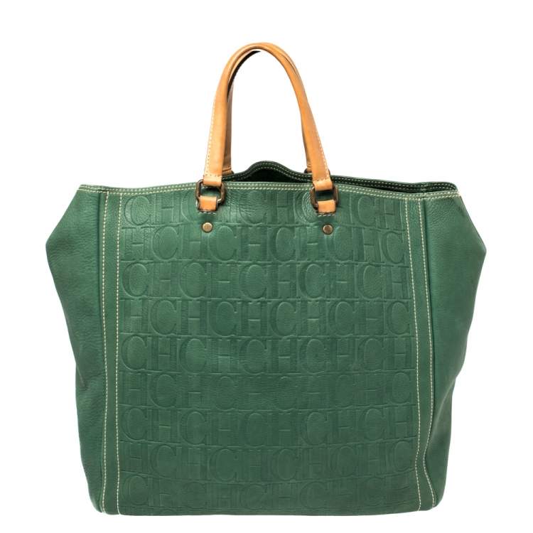 Pre Owned Carolina Herrera Green/Beige Embossed Leather Andy Tote