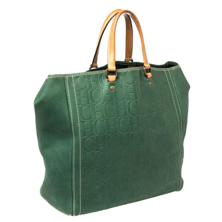 Pre Owned Carolina Herrera Green/Beige Embossed Leather Andy Tote