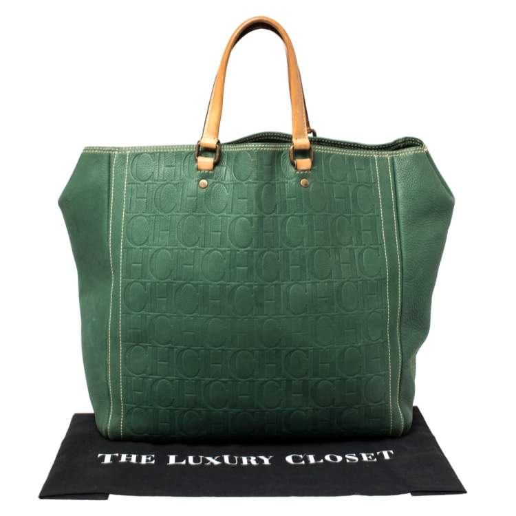 Pre Owned Carolina Herrera Green/Beige Embossed Leather Andy Tote