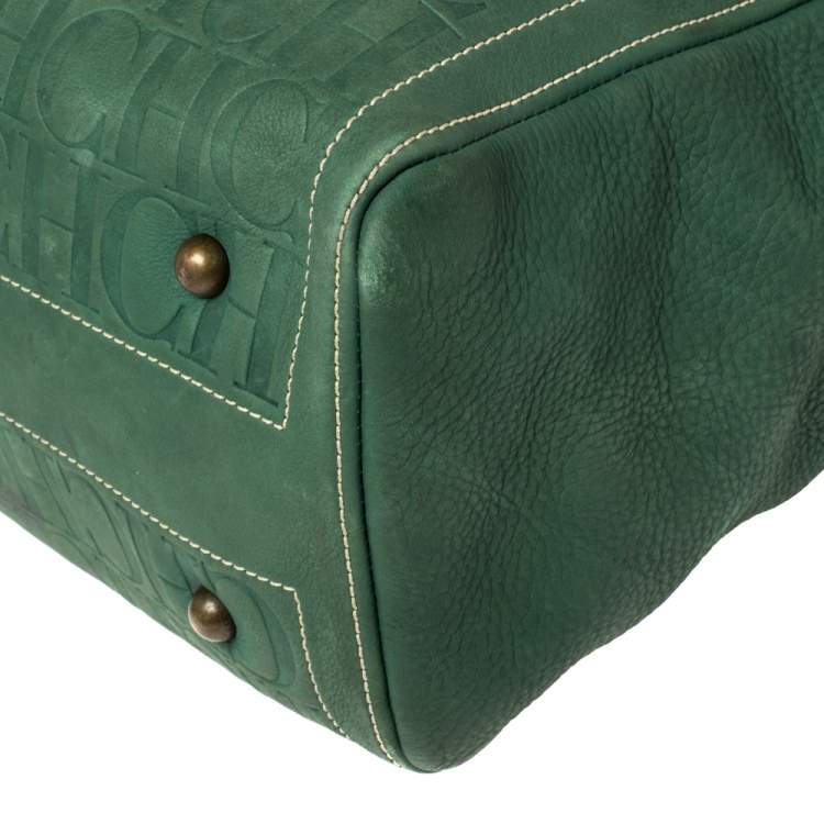 Pre Owned Carolina Herrera Green/Beige Embossed Leather Andy Tote