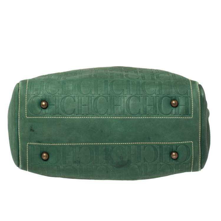 Pre Owned Carolina Herrera Green/Beige Embossed Leather Andy Tote