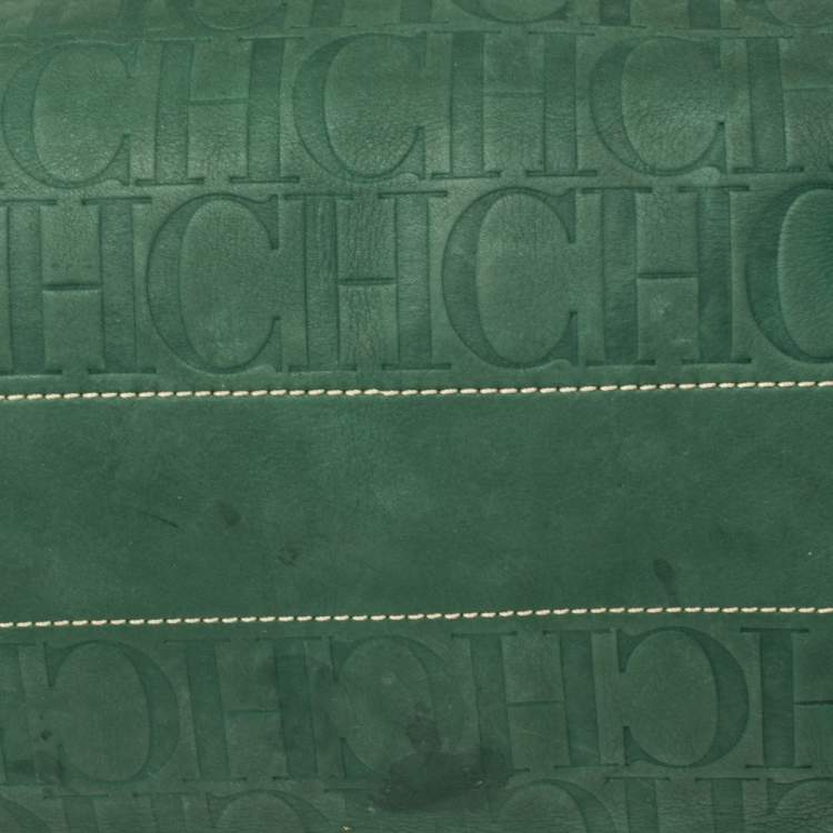 Pre Owned Carolina Herrera Green/Beige Embossed Leather Andy Tote