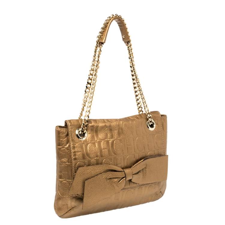 Pre Owned Carolina Herrera Gold Monogram Leather Audrey Shoulder Bag