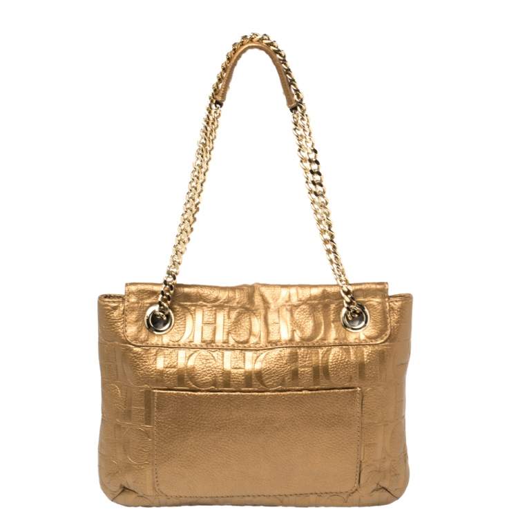 Pre Owned Carolina Herrera Gold Monogram Leather Audrey Shoulder Bag