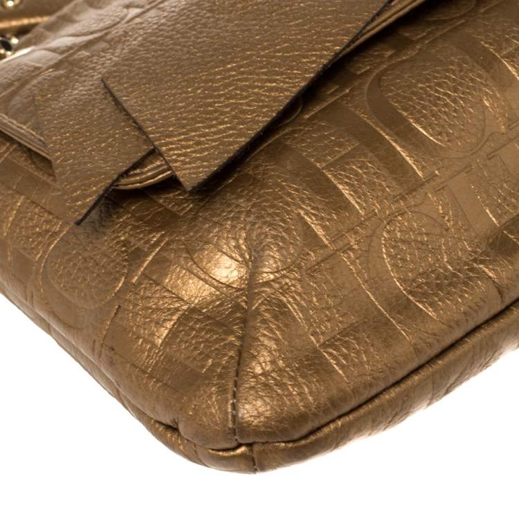 Pre Owned Carolina Herrera Gold Monogram Leather Audrey Shoulder Bag