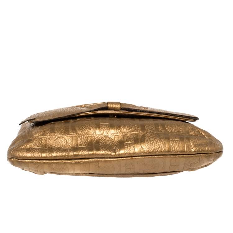 Pre Owned Carolina Herrera Gold Monogram Leather Audrey Shoulder Bag