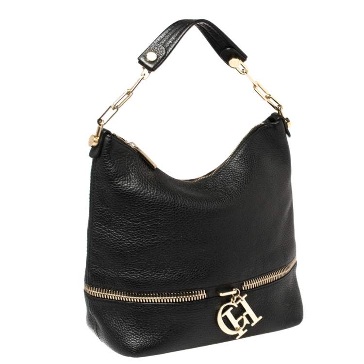 Pre Owned Carolina Herrera Black Leather Zipped Hobo