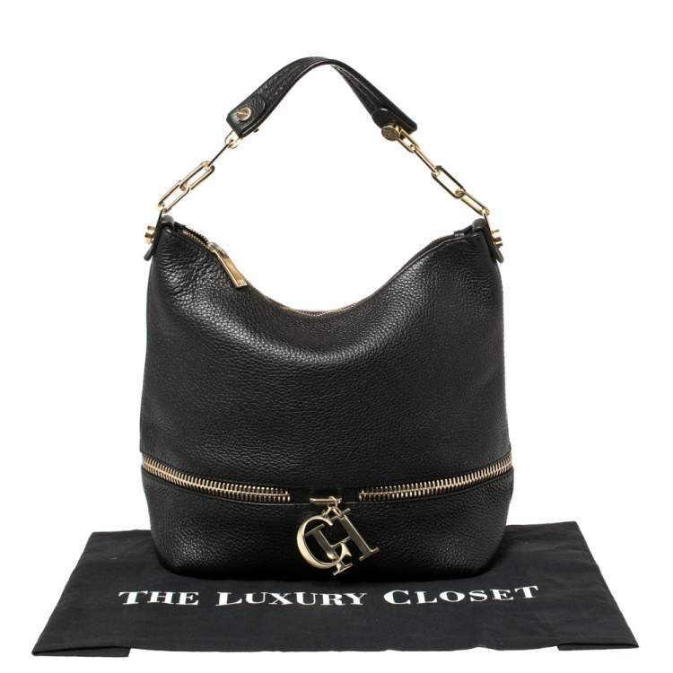 Pre Owned Carolina Herrera Black Leather Zipped Hobo