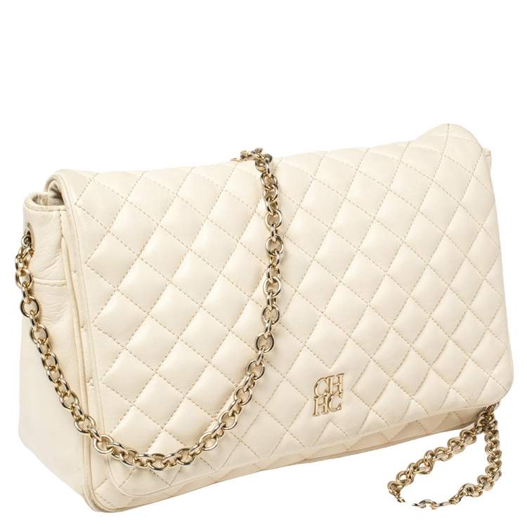 Pre Owned Carolina Herrera Off White Quilted Leather Flap Crossbody Bag