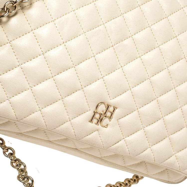 Pre Owned Carolina Herrera Off White Quilted Leather Flap Crossbody Bag
