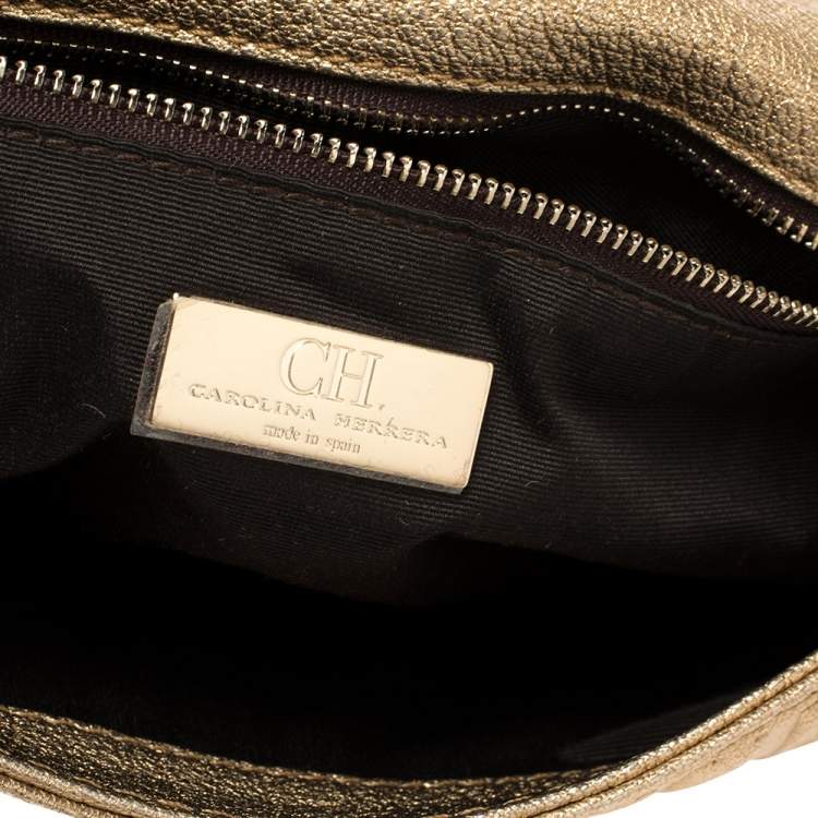 Pre Owned Carolina Herrera Gold Monogram Leather Audrey Shoulder Bag