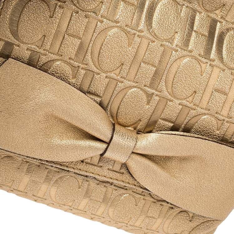 Pre Owned Carolina Herrera Gold Monogram Leather Audrey Shoulder Bag