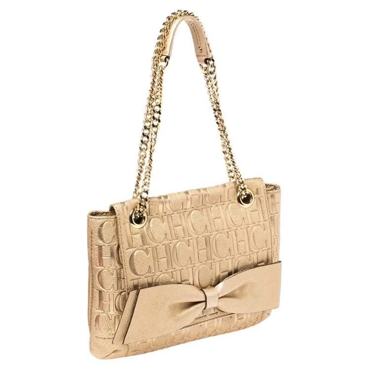 Pre Owned Carolina Herrera Gold Monogram Leather Audrey Shoulder Bag