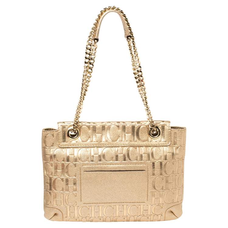 Pre Owned Carolina Herrera Gold Monogram Leather Audrey Shoulder Bag